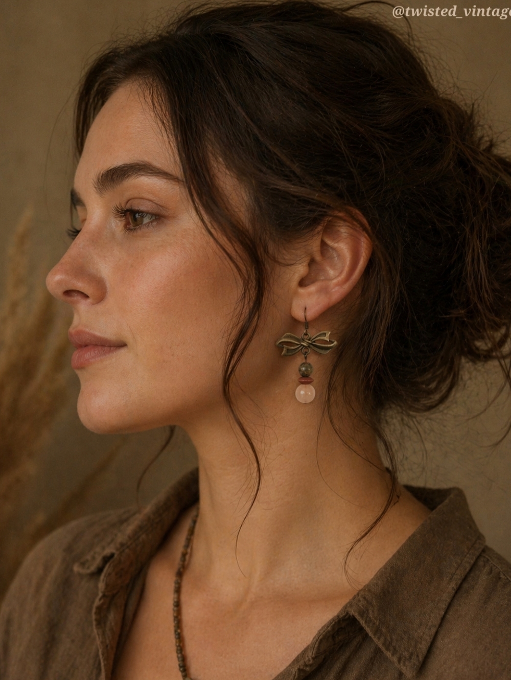 Handmade Bow and Glass Beads Dangle Earrings in Earthy Tones
